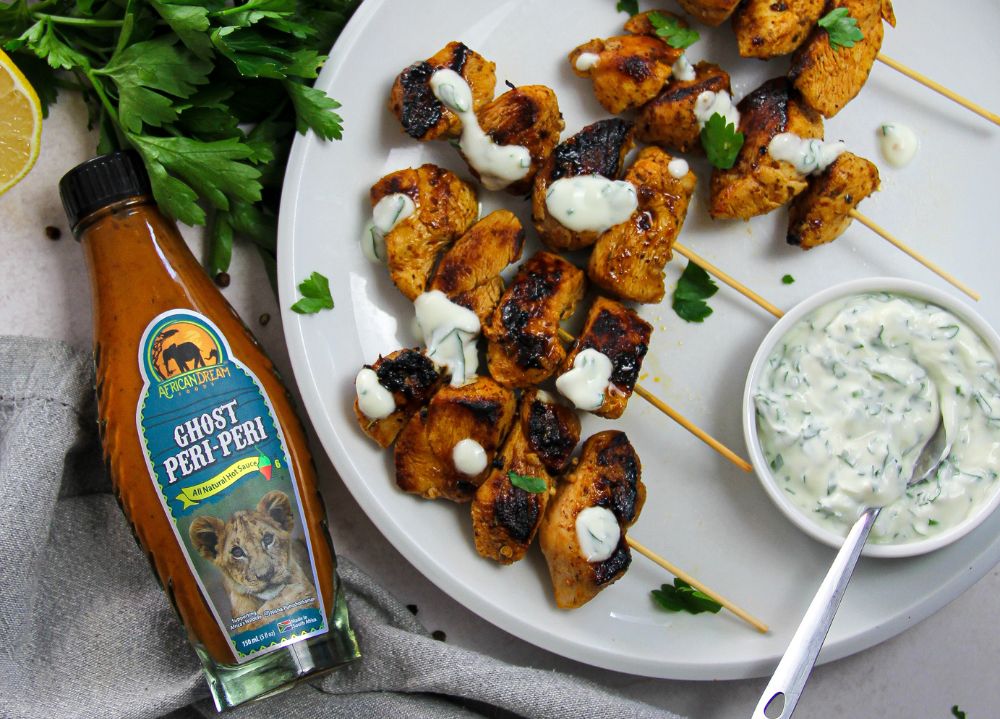Ghost Peri-Peri Grilled Chicken Skewers with Herb Yogurt Dip – African Dream Foods